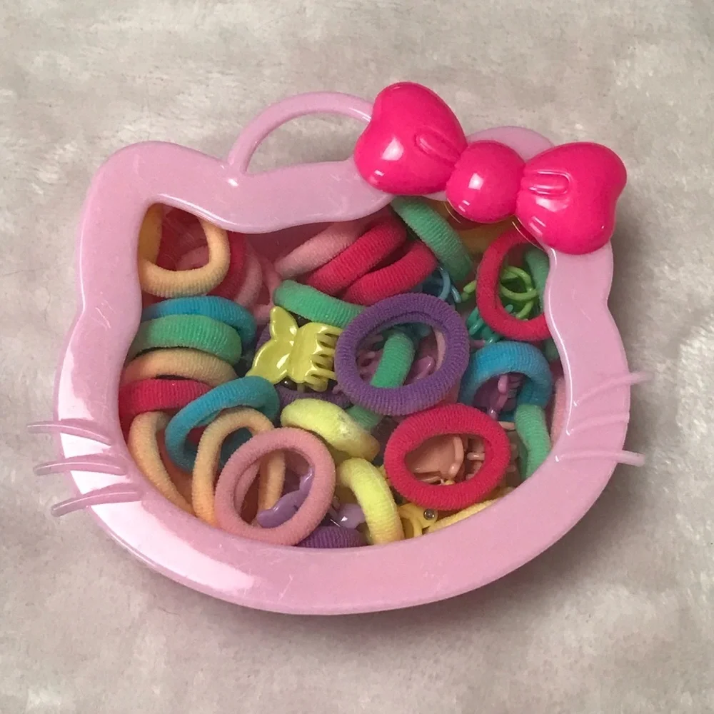 Multicolor Bow Hair Tie Set Hello Kitty Sanrio pink plastic container box New